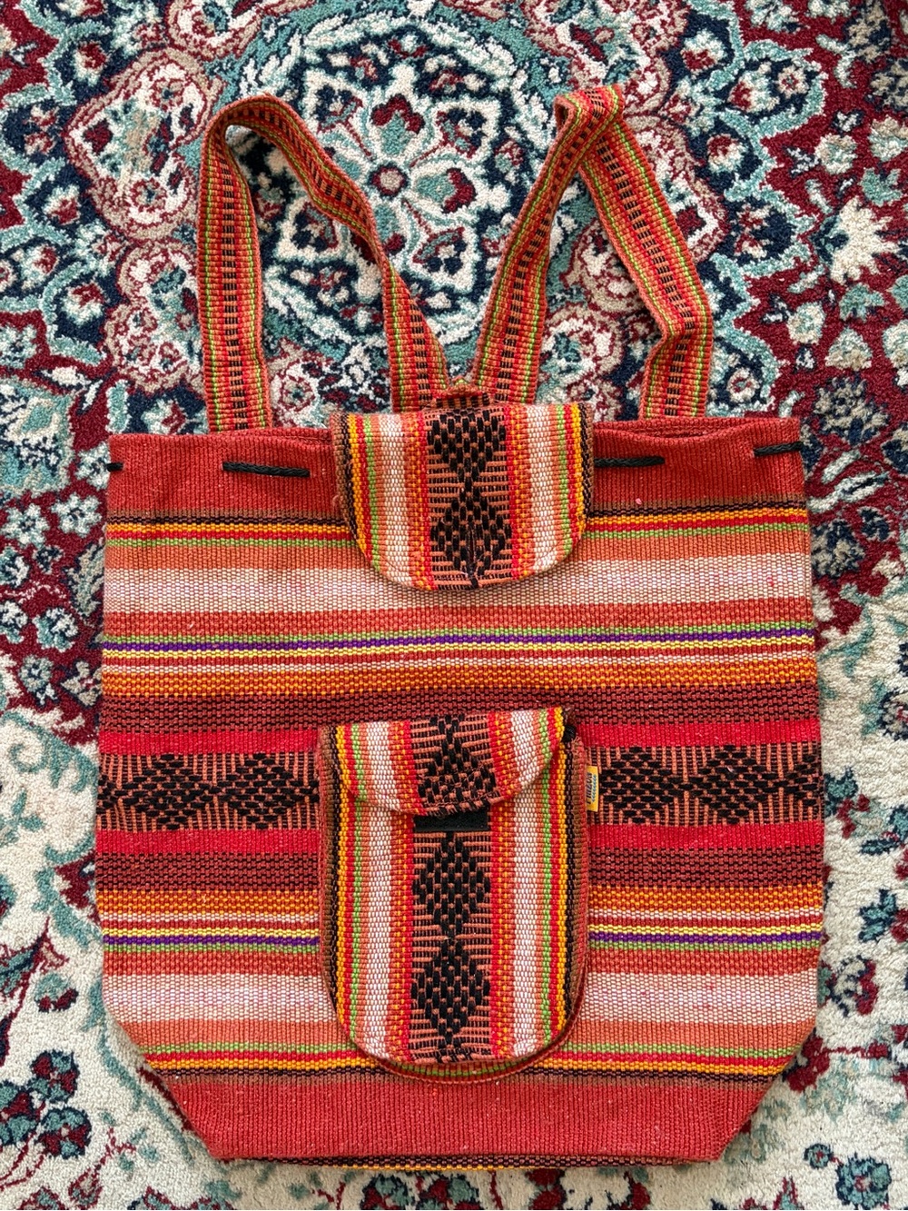 Handwoven Red Striped Backpack, Mexican